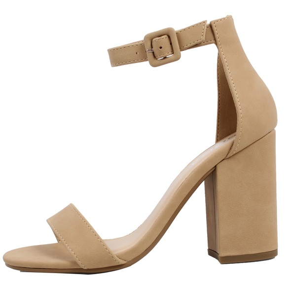 Shoes - Natural Open Toe Ankle Strap Block Heel Sandal